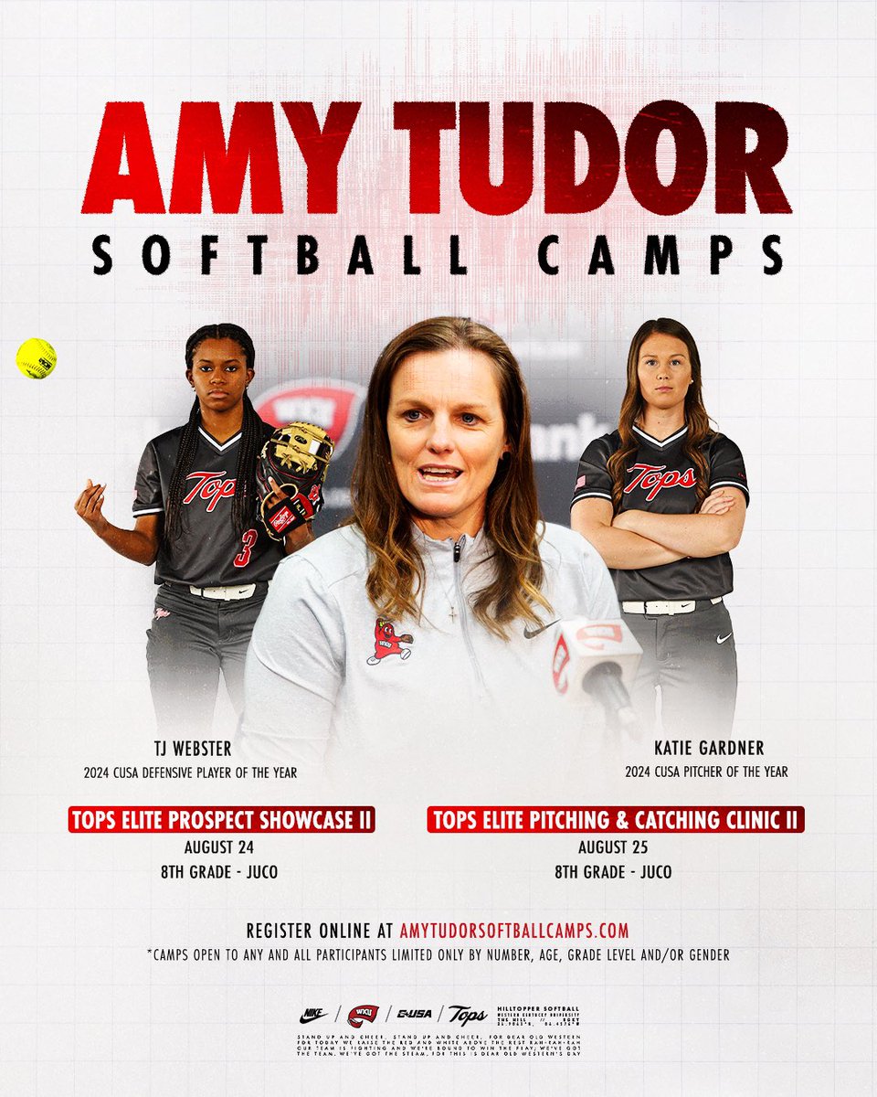 WKUSoftball's tweet photo. Don’t miss out on our Elite Prospect Camps in August! Open to all entrants 8th-JUCO!

More info and to register: https://t.co/GWNtHxKgQ7

#GoTops https://t.co/65oxwI9PVI