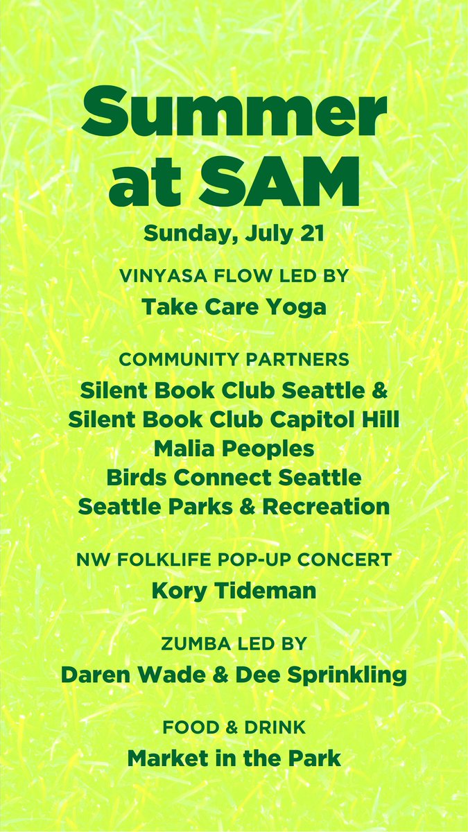 iheartSAM's tweet photo. This Sunday, July 21, is packed with programming at the Olympic Sculpture Park! Join us for yoga, silent reading, a pop-up concert, Zumba, and much more from 10 am to 3 pm for #SummeratSAM. Learn more at https://t.co/9Jzo4YQQdO! https://t.co/n7qLENa7FI