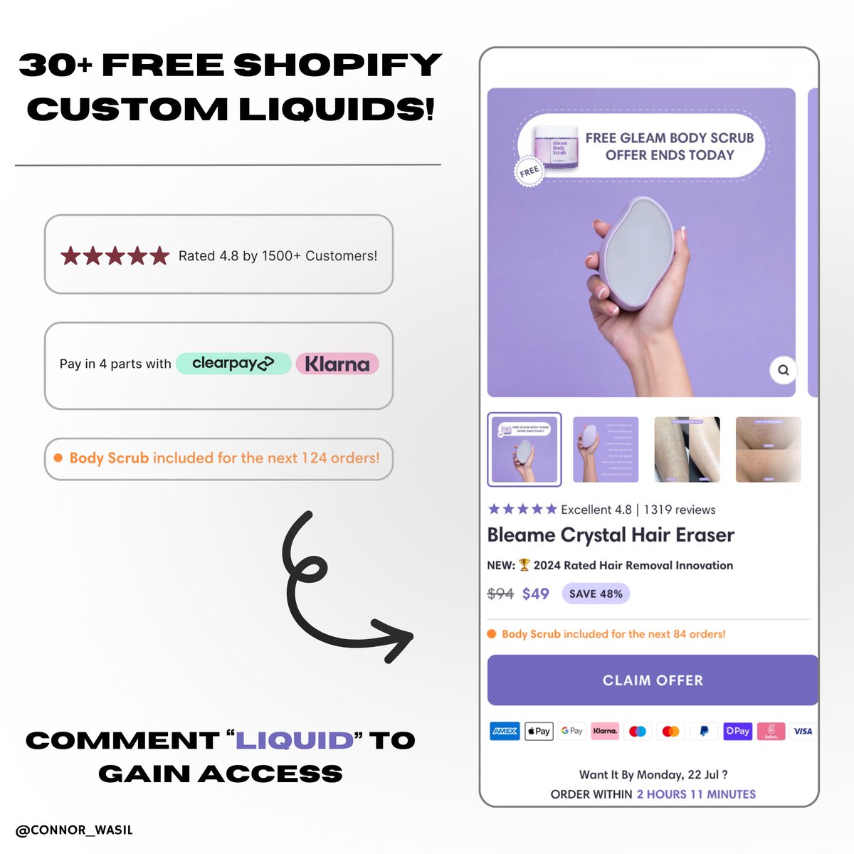 Connor_wasil's tweet image. 👀 30+ FREE Shopify Sauce Custom Liquids! 

Highlight potential customer objections and show real world experiences which may increase trust

 To get the codes👇
⚡️ Follow me so I can DM
⚡️ RT
⚡️ Comment "LIQUID"