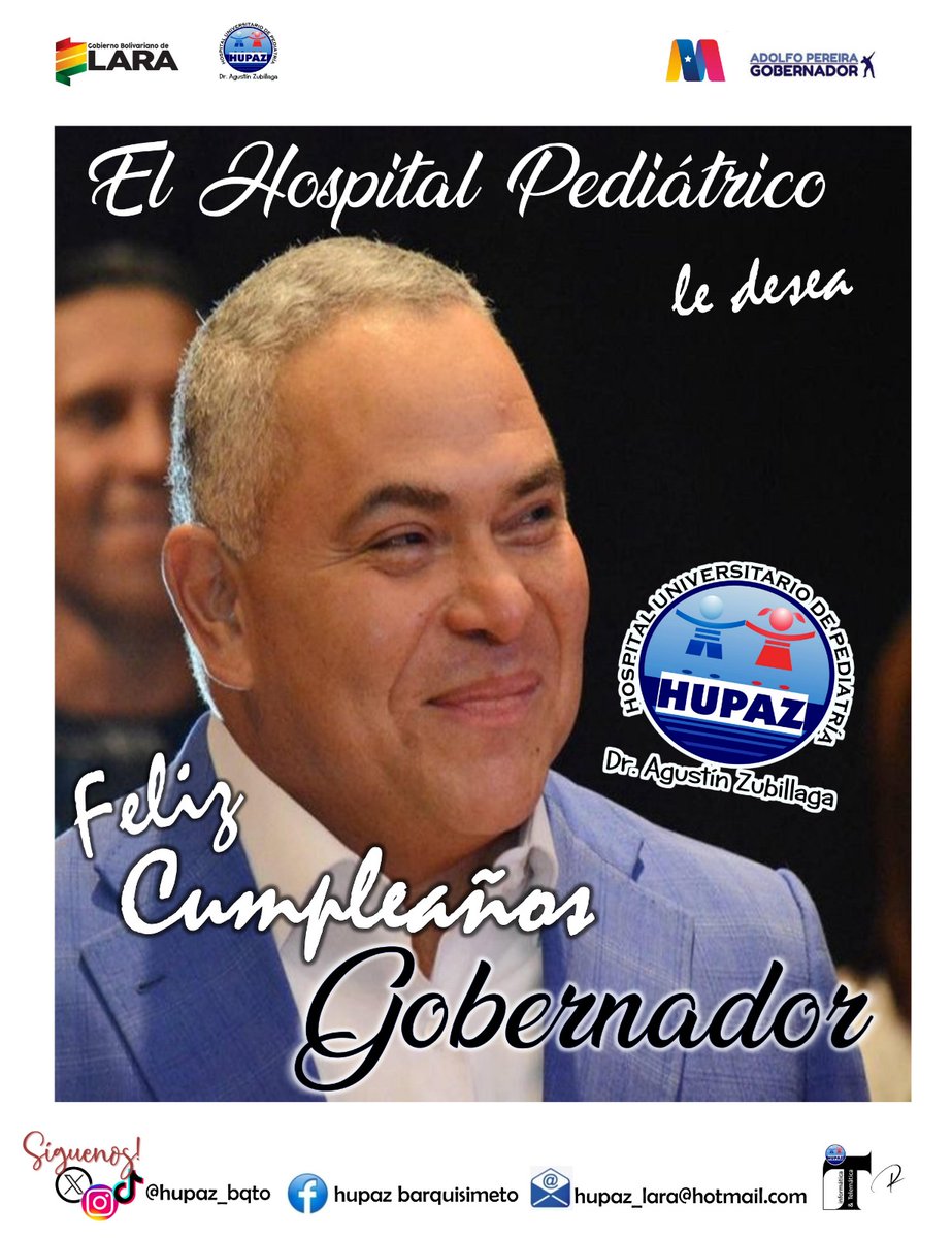 Feliz cumpleaños a nuestro gobernador <a href="/AdolfoP_Oficial/">Adolfo Pereira Gobernador</a> le desea todo el personal que labora en el Hospital Universitario Pediátrico Dr Agustín Zubillaga <a href="/HUPAZ_BQTO/">HOSP PEDIATRICO BQTO</a> <a href="/Gobierno_deLara/">Gobiernodelara</a>
Dra. Miriam Lucena <a href="/cistica/">Miriam Lucena</a>
Directora del <a href="/HUPAZ_BQTO/">HOSP PEDIATRICO BQTO</a>