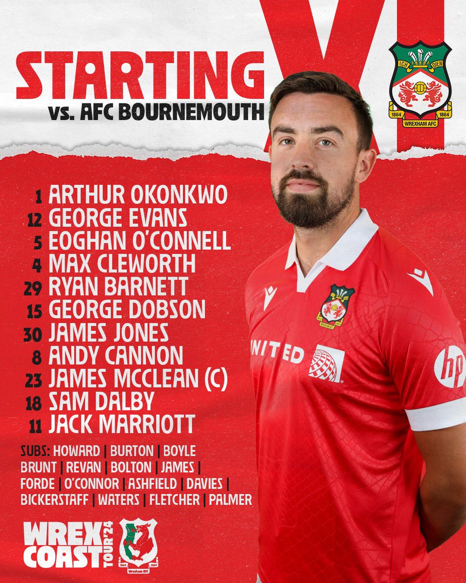 Wrexham_AFC's tweet photo. TEAM NEWS | Wrexham AFC vs AFC Bournemouth 

Representing the Red Dragons at Harder Stadium 👊

🔴⚪️ #WxmAFC | #WrexCoastTour https://t.co/YKEvxv9krL