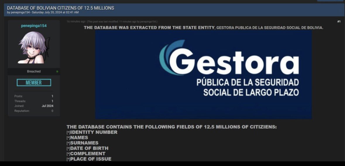 Lección de la precaria situación de la #ciberseguridad en #Bolivia 🇧🇴 
En esta oportunidad, a 1 entidad controversial como es la <a href="/GestoraBolivia/">GESTORA PÚBLICA DE LA SEGURIDAD SOCIAL</a> 
#filtración de #datos / #databrech de toda la ciudadanía.
Con #datos #personales #sensibles