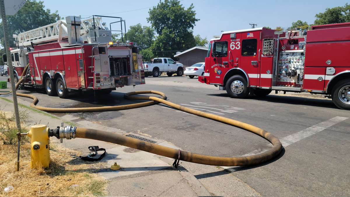CALFIRE_ButteCo's tweet photo. At scene of a fire in south Oroville. Between C and D Streets at Roseben Ave. Multiple structures impacted. Fires are knocked down. Overhaul and salvage operations will continue. Powerless are down in the area. #DFire https://t.co/9Xf1FlWyUa