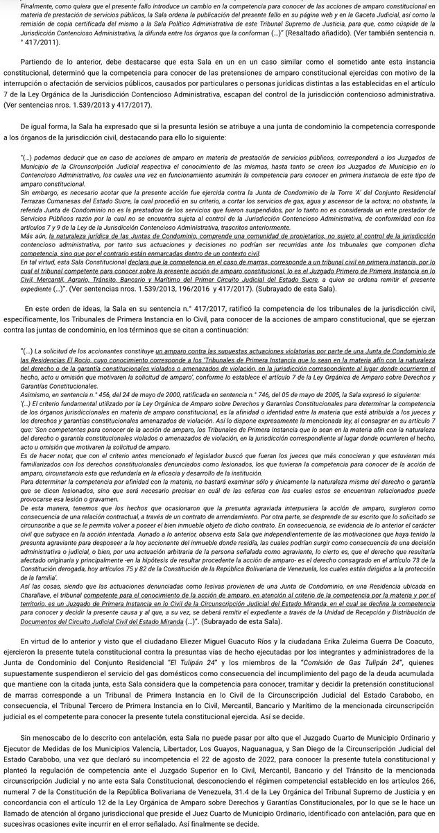 WilsonGomezGB's tweet photo. Sentencia N° 1656 del 30/11/2023 Sala Constitucional @TSJ_Venezuela Competencia de los Tribunales de Primera Instancia en lo Civil, para conocer de la acciones de amparo constitucional, que se ejerzan contra las juntas de condominio. Servicios públicos  https://t.co/fWGpUFhxj0 https://t.co/2SIDUrJhBs