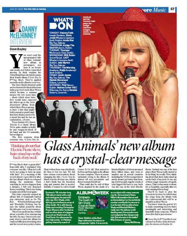 DannyMcElhinney's tweet photo. You can read my interview with @GlassAnimals @IrishMailSunday I also review @Eminem's new one. You can check out gigs to see in What's On including the great @Palomafaith @liveattheiveagh on Sunday. @aikenpromotions @foggynotions @singularartists @mcd_productions @Select1veMemory https://t.co/Q66MbwMSde