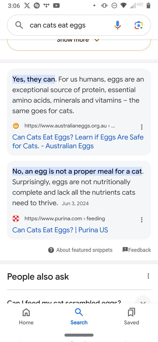 UncleTarby's tweet photo. The egg company says yes

The cat food company says no

Love that clear bias at the top of the search results https://t.co/8MavaU13KT
