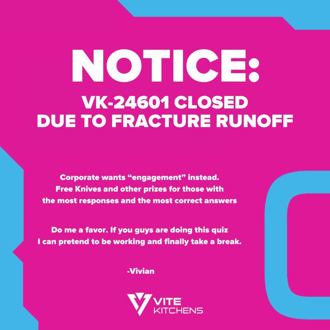 ViteKitchens's tweet photo. Alright, here's the deal. Got another lagbrain who tried smuggling something into port.

Fracture runoff's real bad this time, so near the entire portside of Haven is closed, including us, VK-24601.

Corp got us running a "quiz" instead for prizes, so. Go there. Link underneath https://t.co/o9IjKVNiVp