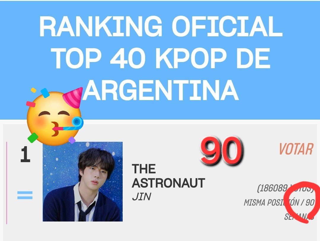 🇦🇷📻️ <a href="/top40kpop/">TOP 40 KPOP</a>
こちらでの🥇は軍白期にも私達を大きく支えてくれた🥺感謝も込めて記録継続を応援📣91週目を必ずジンくんに！

🐹横のVotar をタップ　毎時更新
🗳️top40kpop.com

🏷️でも応援🔥
I vote for #TheAstronaut by #JIN #방탄소년단진 #BTSJIN for #top40kpop <a href="/top40kpop/">TOP 40 KPOP</a>