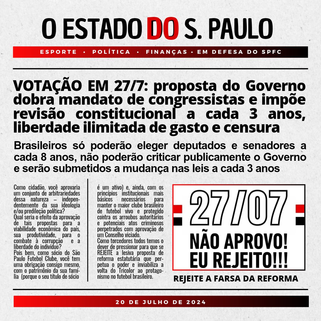 agoniatricolor's tweet photo. Se como cidadão você não aprova um conjunto de propostas como estas, como sócio do São Paulo Futebol Clube também não pode aceitar uma tentativa tão escancarada de perpetuar o poder, oprimir quem critica e facilitar atos de irresponsabilidade financeira e corrupção.
#EuRejeito https://t.co/p3zEHOTnEB