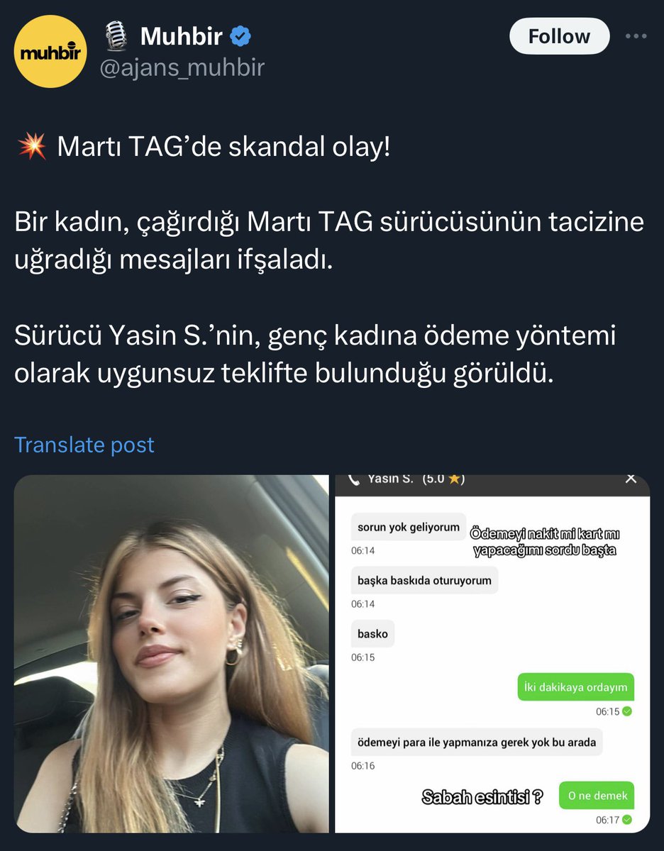 Olay kurgudur. Yasin isimli sürücü sisteme bu olayı yapabilmek için geçtiğimiz günlerde kayıt olmuştur.

Yolcu ve sürücü eşleştikten sonra Yasin bu mesajları atmıştır. Mesajları yapay zeka tabanlı sistemimizin filtrelerine takılmıştır. Alarm vermiştir. Sürücü daha yolcunun yanına