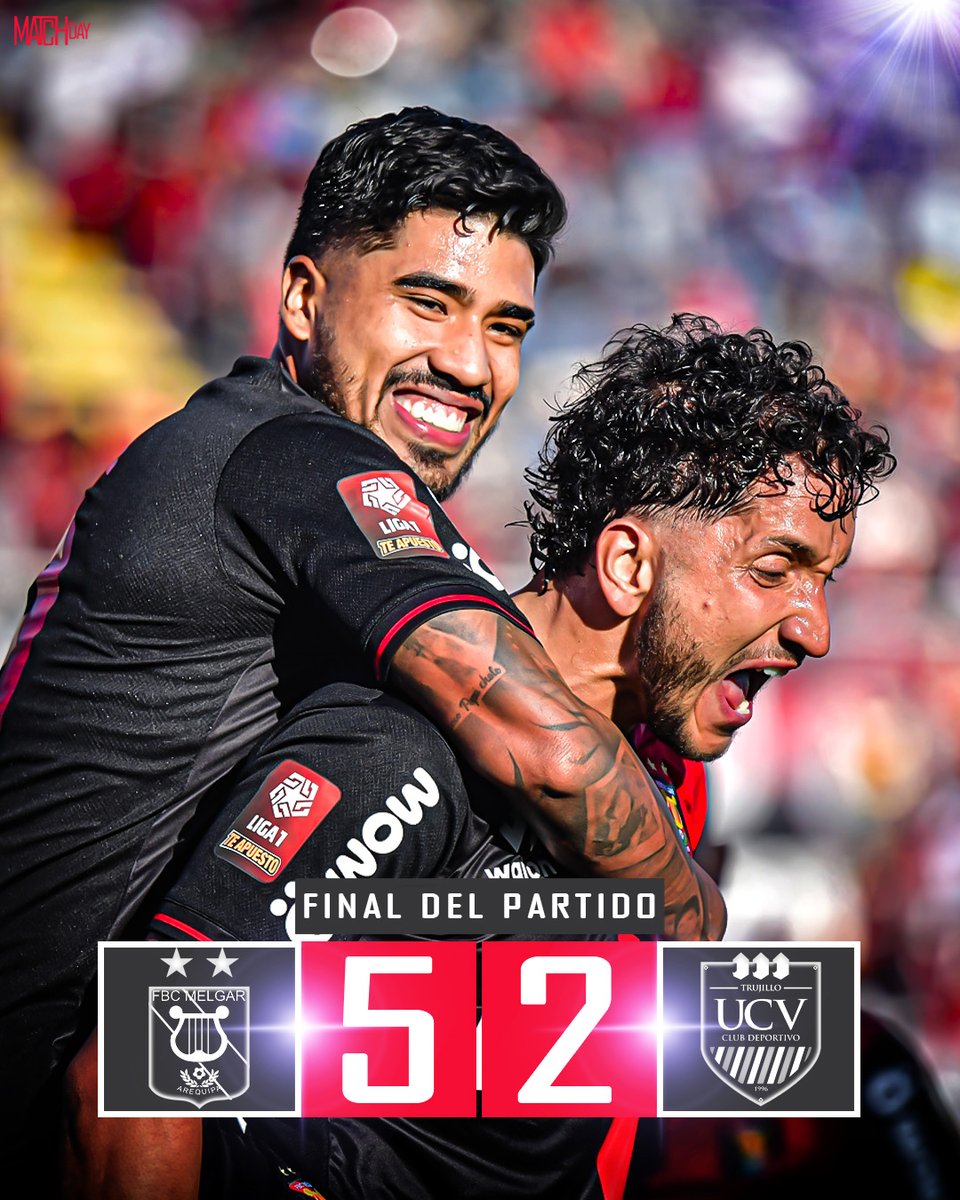 L1MATCH's tweet photo. FINAL del PARTIDO                    
🇵🇪#Liga1

FBC Melgar 5⃣ - 2⃣ Cesar Vallejo

⚽️Bernardo Cuesta 3', 68'
⚽️Jean Pierre Archimbaud 44' 
⚽️Jefferson Cáceres 78', 85'

Descontó para Sporting Cristal➡️⚽️Jairo Vélez 6'- 90+2' https://t.co/VXEhshF2an