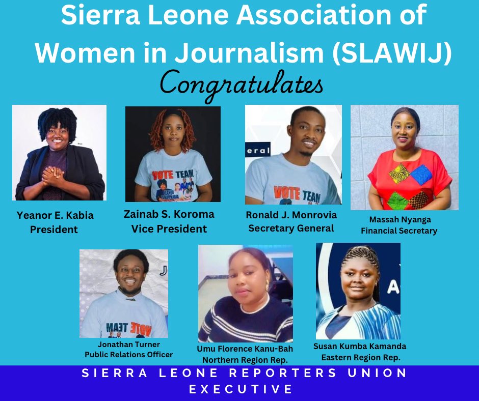 We congratulate Yeanor Kabia on her landslide victory as the first Female President of the Sierra Leone Reporters Union (SLRU) since the Union was formed in 2006. We are extremely proud to see more women in the Executive. #Womenchangemakers #SLAWIJ