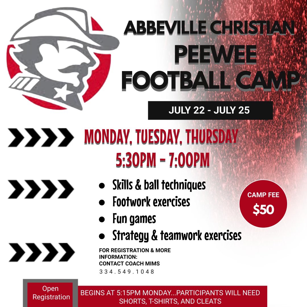 We welcome you to join us for our 2024 ACA Peewee Football Camp!! Camp will be held on ACA campus at James W. Raine Field under the direction of Head Coach Matt Mims and staff!