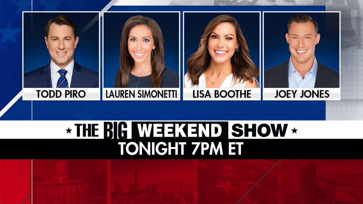 Lisa Boothe 🇺🇸 (@lisamarieboothe) on Twitter photo Co-hosting the <a href="/BigWeekendShow/">The Big Weekend Show</a> at 7 PM ET on <a href="/FoxNews/">Fox News</a> with <a href="/Johnny_Joey/">Joey Jones</a>, <a href="/SimonettiLauren/">Lauren Simonetti</a>, and <a href="/ToddPiro/">Todd Piro</a>! Hope you will watch! Co-hosting the <a href="/BigWeekendShow/">The Big Weekend Show</a> at 7 PM ET on <a href="/FoxNews/">Fox News</a> with <a href="/Johnny_Joey/">Joey Jones</a>, <a href="/SimonettiLauren/">Lauren Simonetti</a>, and <a href="/ToddPiro/">Todd Piro</a>! Hope you will watch!