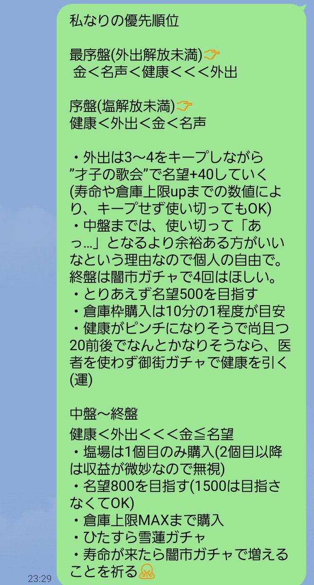 dobmo0402's tweet photo. 大商途自分なり攻略
動画約14分あり(簡単な字幕解説有)
大商途プレイ7回目
花嫁Lv5、夜猫Lv10、船漕ぎLv2
安定して5億⬆可能

塩場解放までは医者にかからない
雪蓮売買繰り返すのみ
70歳前後で外出3以上温存で寿命👉
闇市ガチャor名望ガチャ(100使用で3000万銀子以上必ず獲得)で終了 https://t.co/ijCFPlJtJ0