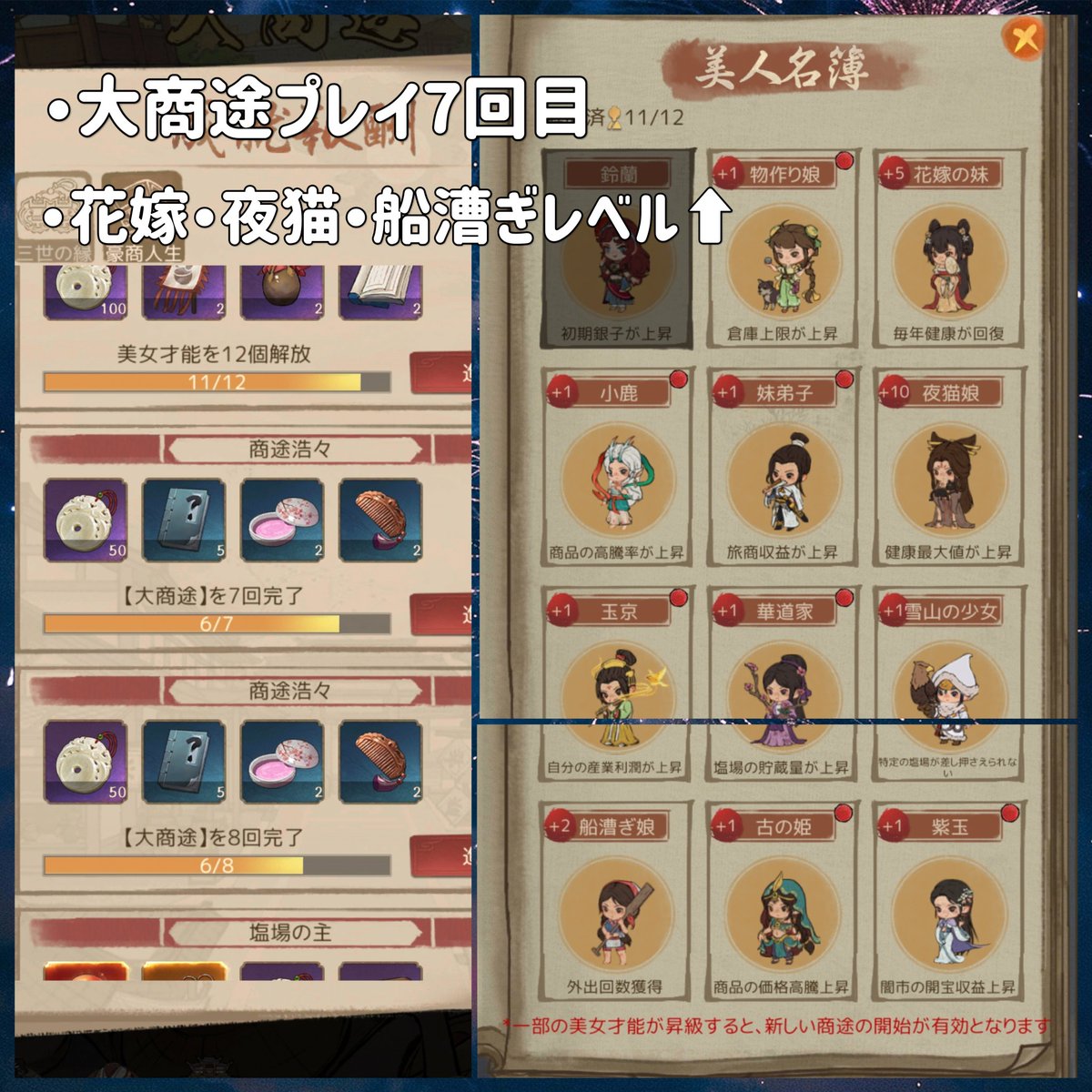 dobmo0402's tweet photo. 大商途自分なり攻略
動画約14分あり(簡単な字幕解説有)
大商途プレイ7回目
花嫁Lv5、夜猫Lv10、船漕ぎLv2
安定して5億⬆可能

塩場解放までは医者にかからない
雪蓮売買繰り返すのみ
70歳前後で外出3以上温存で寿命👉
闇市ガチャor名望ガチャ(100使用で3000万銀子以上必ず獲得)で終了 https://t.co/ijCFPlJtJ0