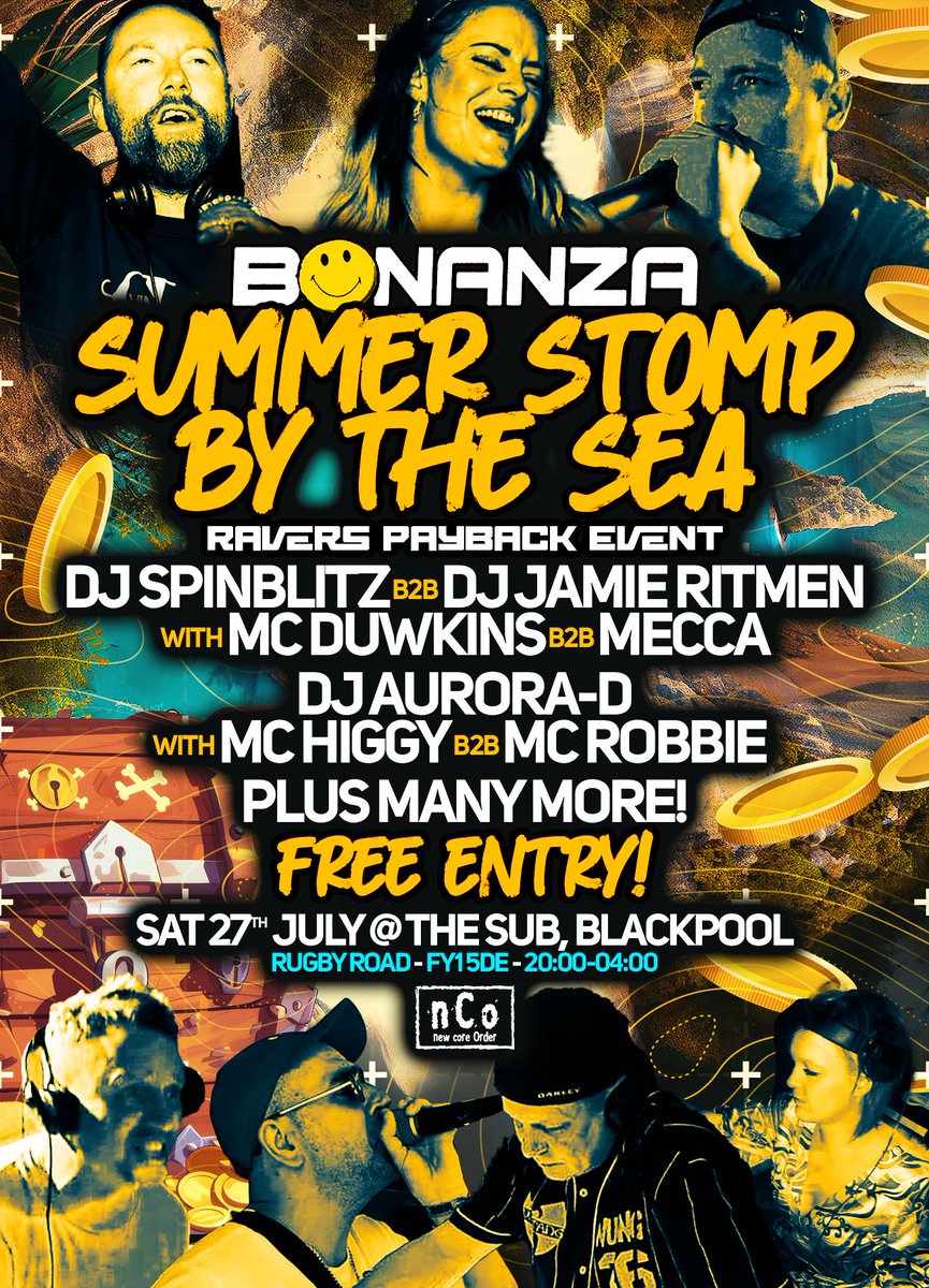 DJSpinblitz's tweet photo. Catch me B2B with the legendary DJ Jamie Ritmen representing Bonanza for the Summer Stomp By The Sea! 
Oh, and it's FREE!
Yep, you heard right! Bonanza are rewarding the ravers with a free event as a thank you for all the support! 
#Blackpool #Hardcore #UKHardcore #DnB #Rave https://t.co/Bnsc491g7q