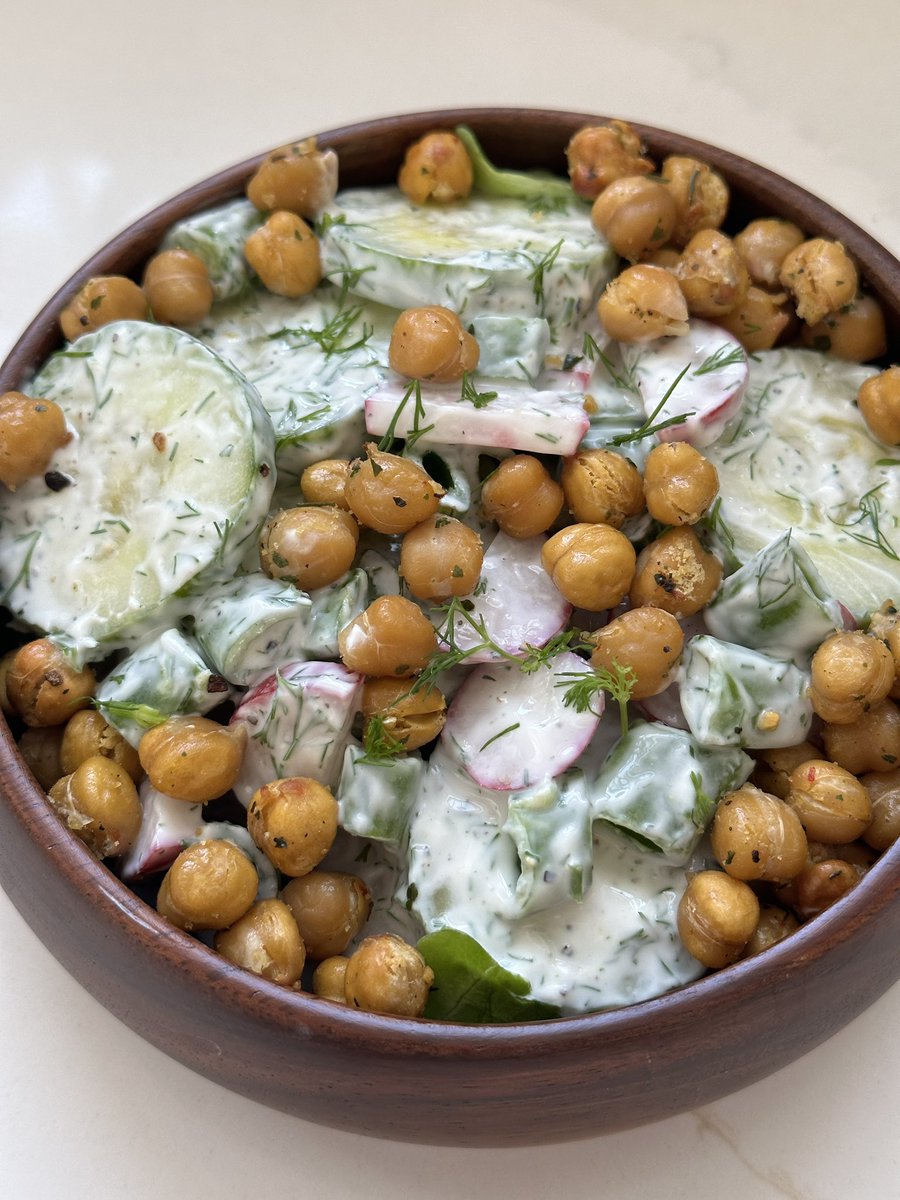 Cucumbers, radish, snap peas, plain Greek yogurt, dill, lemon juice, black pepper

Crispy air fried chickpeas

Butter lettuce