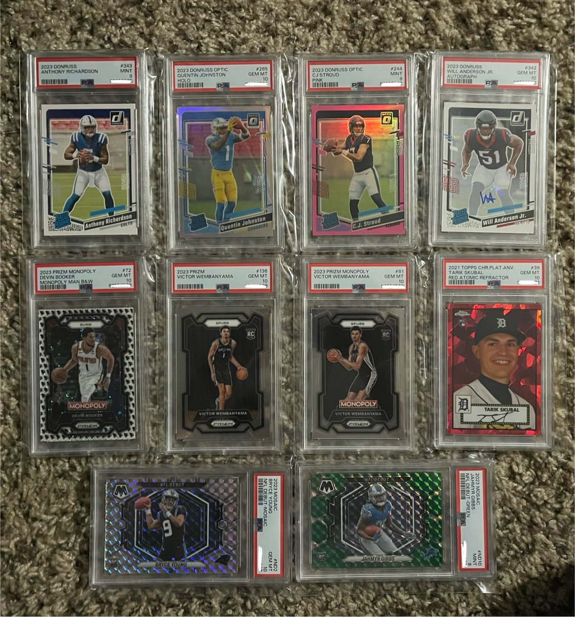 2012CJ's tweet image. My recent PSA return! Stoked on all. Was obviously wishing for a 💎 on the pink Stroud and AR, but I get it. Can’t all be 10s. Pulled all of these myself. Some are low pop as of now. Skubal is pop 1! 
@CardPurchaser