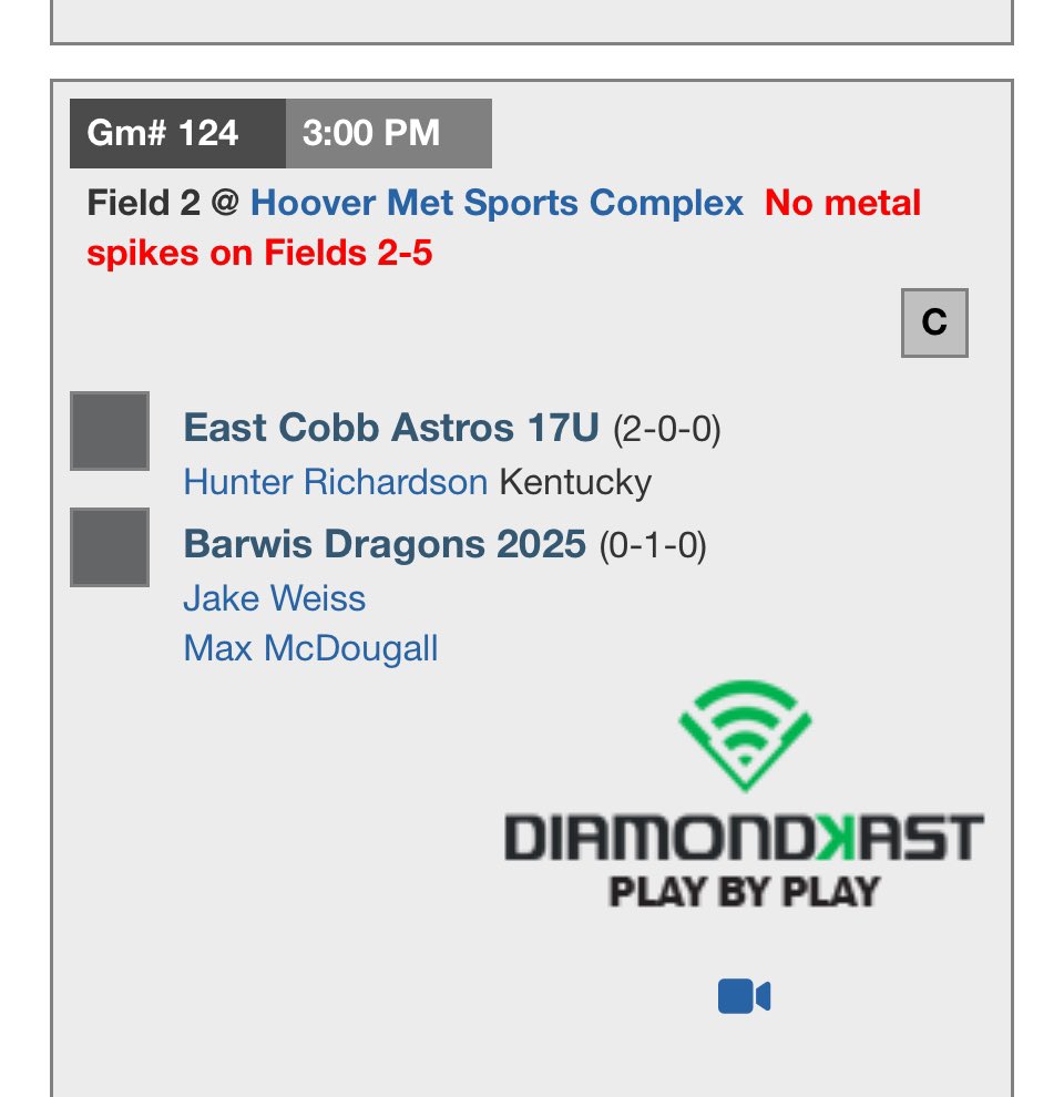 Game time changed for Tuesday. 
I start at 3pm, Field 2 at Hoover Met Complex. 
<a href="/BARWIS2025/">BARWIS Baseball 2025</a> 
<a href="/Pgrady24/">Patrick Grady</a> <a href="/AlexPep2414/">Alex Pepe</a> <a href="/Jose_Piedra16/">Coach Jose Piedra Mendoza</a> <a href="/PG_Uncommitted/">PG_Uncommitted</a>