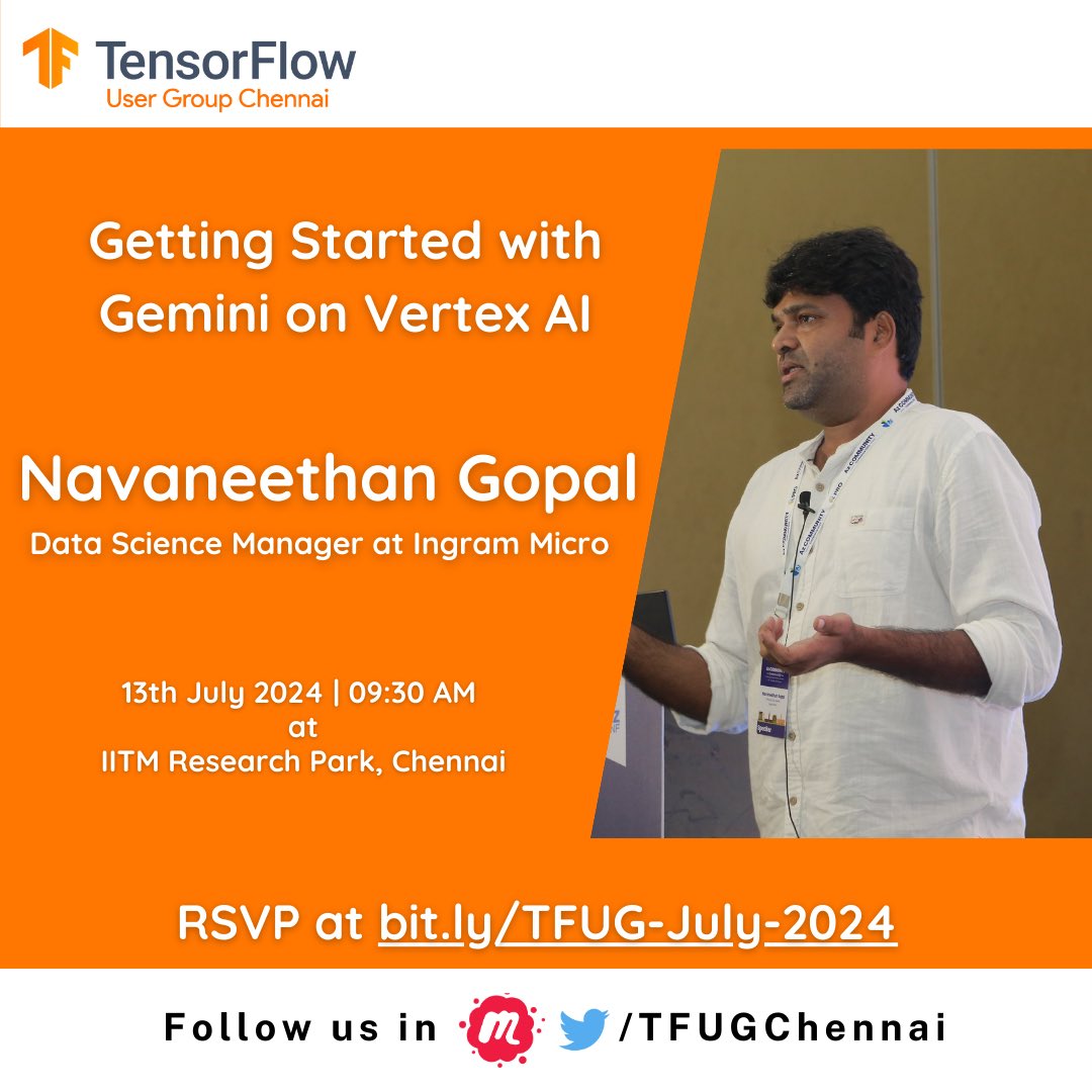 AI Practitioners Chennai (@aichennaii) on Twitter photo Hello all,
Join us in our upcoming TFUG Chennai meetup on 13th July 2024 at IITM Research Park
<a href="/NavaneethhGopal/">Navaneethan Gopal</a> from <a href="/IngramMicroInc/">Ingram Micro</a> will be delivering a session on the topic Getting Started with Gemini on Vertex AI
RSVP at : lnkd.in/gAHqEkYD
<a href="/GoogleDevsIN/">Google for Developers India</a> <a href="/prasadseth/">Prasad Seth</a> Hello all,
Join us in our upcoming TFUG Chennai meetup on 13th July 2024 at IITM Research Park
<a href="/NavaneethhGopal/">Navaneethan Gopal</a> from <a href="/IngramMicroInc/">Ingram Micro</a> will be delivering a session on the topic Getting Started with Gemini on Vertex AI
RSVP at : lnkd.in/gAHqEkYD
<a href="/GoogleDevsIN/">Google for Developers India</a> <a href="/prasadseth/">Prasad Seth</a>