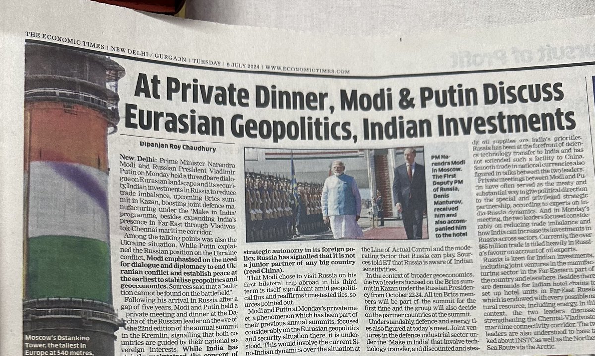DipanjanET's tweet photo. I explain significance of private meeting &amp; dinner between Modi &amp; Putin on eve of annual summit: On agenda: Eurasian geopolitics; BRICS; Indian investments &amp; JVs to reduce trade imbalance; Far-East &amp; maritime corridor besides Ukraine ⁦@ETPolitics⁩ ⁦@pranabsamanta⁩ https://t.co/86lI4XvDr8