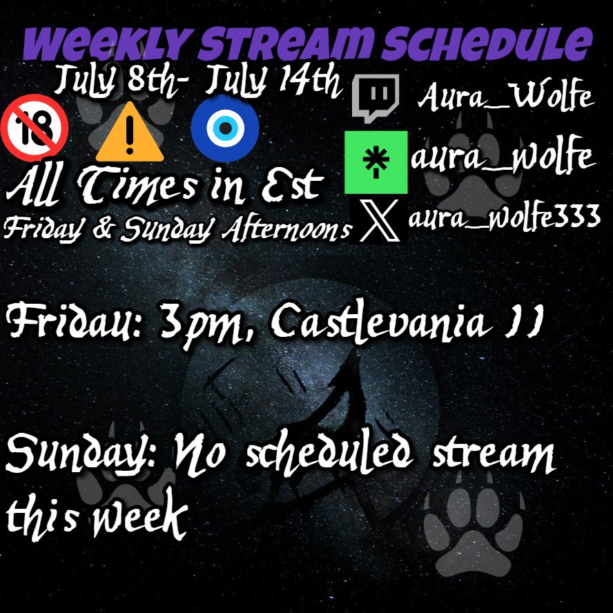 AuraCosmicWolfe's tweet image. An amazing Moonsday all! 
 Here&apos;s my schedule for Twitch this week. Pleasant dreams all! 🧿💜🪽
Be proud of you today, rinse &amp;amp; repeat that! ❤️
#18plus #mature #stronglanguage #Retro #kind #chatty #safespace #LGBTQIA #castlevaniacollection #chaoticgood #gothicgirl #notimetobefake