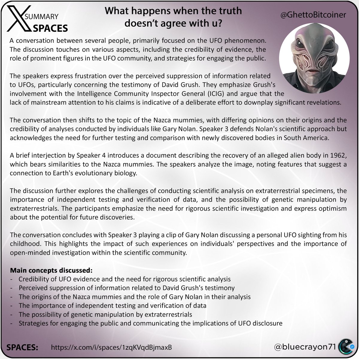 bluecrayon71's tweet photo. What happens when the truth doesn’t agree with u? @GhettoBitcoiner
Spaces: https://t.co/4wwcfxe6Uo
#UFO #extraterrestriallife #disclosure #GaryNolan #Nazcamummies #scientificanalysis #governmentsuppression #geneticmanipulation #conspiracytheories https://t.co/71Mvj9Wcn1