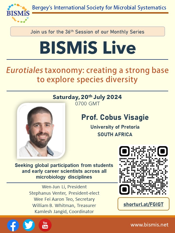 Bergey's Intl. Society for Microbial Systematics (@bismis_) on Twitter photo #BISMiSLive embarks on a journey to learn from other fields of taxonomy. Let's start with Eurotiales, the sac fungi, with <a href="/CobusVisagie2/">Cobus Visagie</a> in our 36th session. Register at shorturl.at/FGIGT #mycology #TaxonomyIsFun <a href="/NFCCIARI/">Sanjay Singh</a> <a href="/CABI_Microbe/">CABI_Microbiology</a> <a href="/TheNCPF/">National Collection of Pathogenic Fungi</a> <a href="/fanus_venter/">Fanus Venter</a> <a href="/mcm_aripune/">MACS Collection of Microorganisms (MCM)</a> #BISMiSLive embarks on a journey to learn from other fields of taxonomy. Let's start with Eurotiales, the sac fungi, with <a href="/CobusVisagie2/">Cobus Visagie</a> in our 36th session. Register at shorturl.at/FGIGT #mycology #TaxonomyIsFun <a href="/NFCCIARI/">Sanjay Singh</a> <a href="/CABI_Microbe/">CABI_Microbiology</a> <a href="/TheNCPF/">National Collection of Pathogenic Fungi</a> <a href="/fanus_venter/">Fanus Venter</a> <a href="/mcm_aripune/">MACS Collection of Microorganisms (MCM)</a>