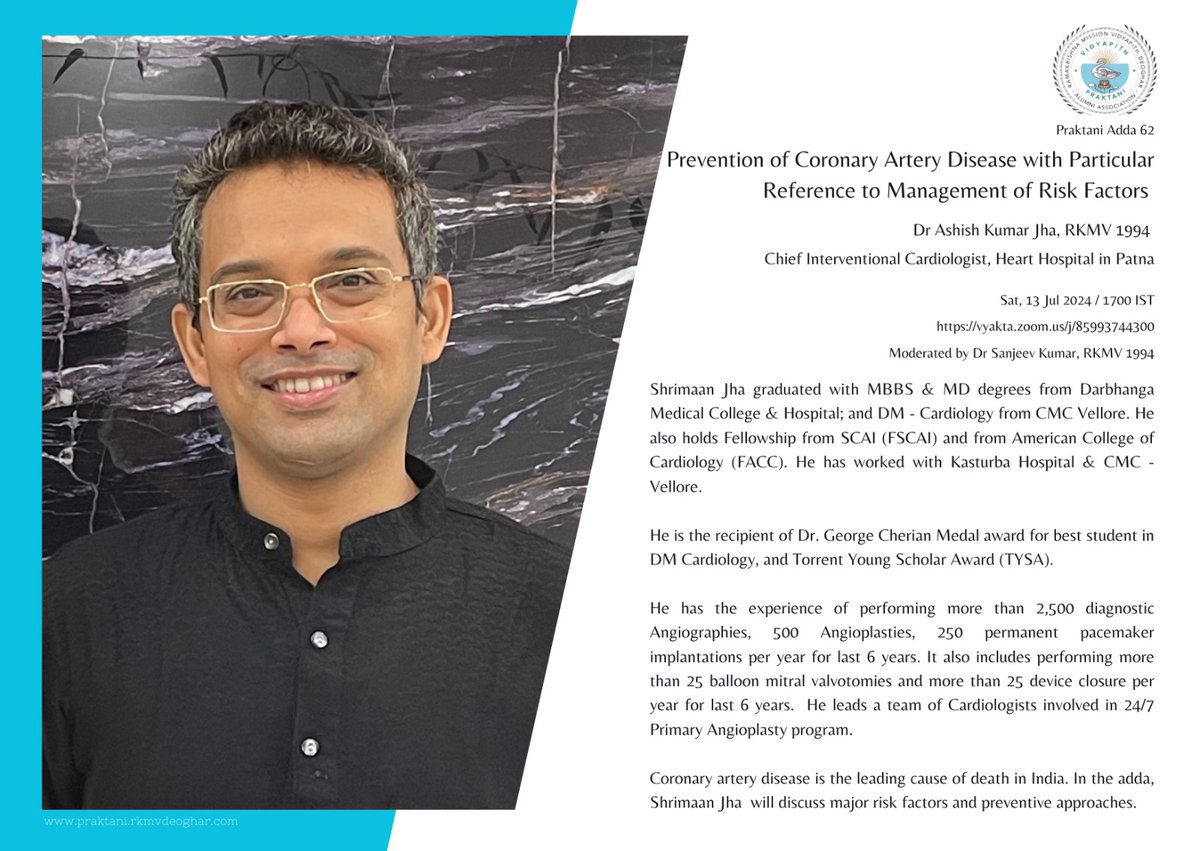 Discover crucial insights into cardiac health in the upcoming session this Saturday 13 Jul 2024, 17:00 IST by Dr Ashish Jha, RKMV 1994, especially in context of the concerning increase in heart attacks among young individuals!

#rkmvdeoghar
#heartcare 
#youth
#speakerseries