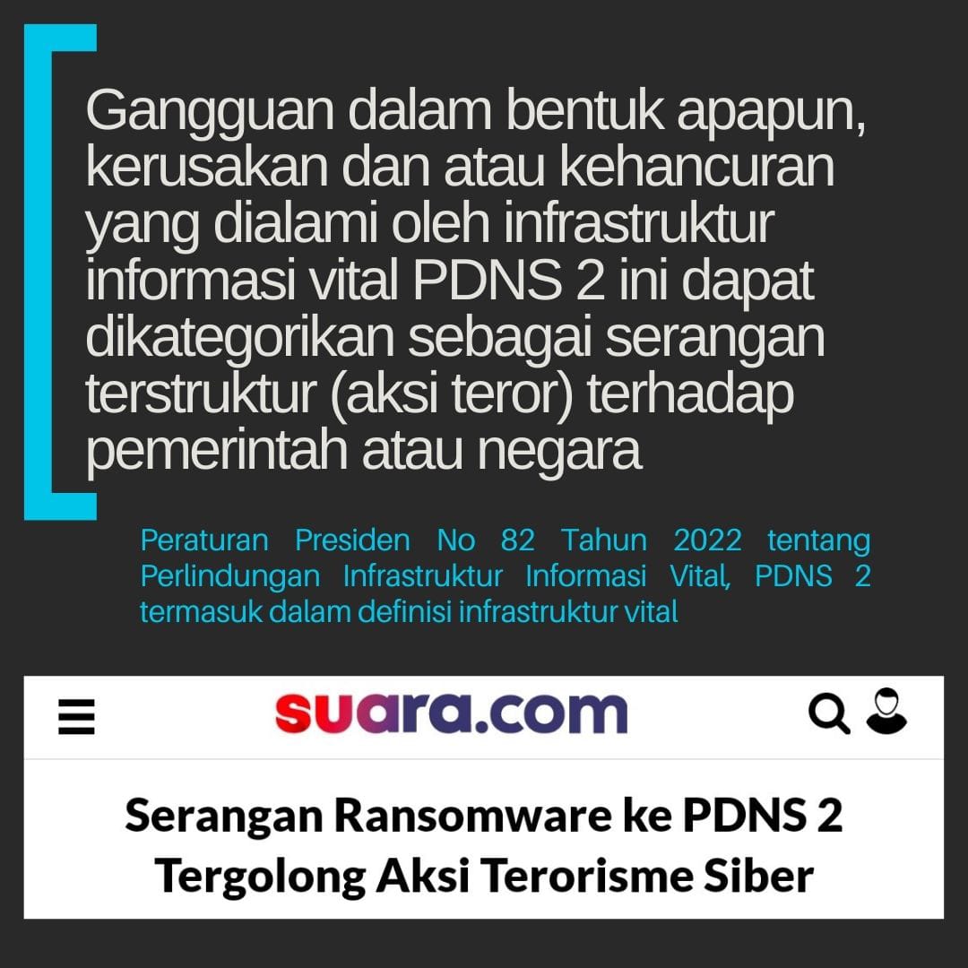 Peraturan Presiden No 82 Tahun 2022 tentang Perlindungan Infrastruktur Informasi Vital, PDNS 2 termasuk dalam definisi infrastruktur vital. #BarengAmankanData