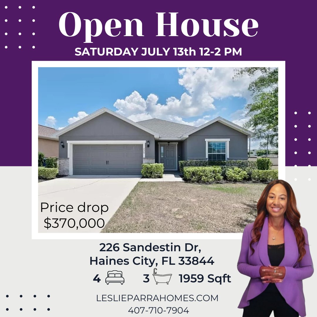 MrsLeslieParra's tweet photo. 🔥 Open House on July 13th! 🔥  226 Sandestin Dr, Haines City, 12-2 PM. Beautiful 4 bed, 2 bath single-story home! 🌟 #RealEstate #OpenHouse

We look forward to welcoming you. https://t.co/PZyqLpXcE1