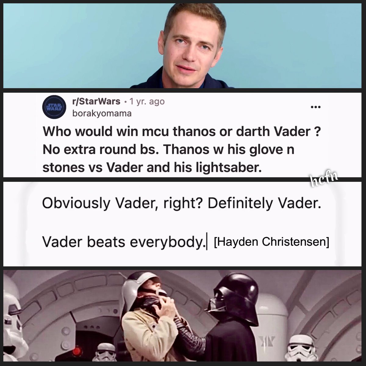 haydenfannews's tweet photo. Hayden Christensen went undercover for GQ and answered a web question about who would win in a battle between Thanos and Darth Vader. I doubt Anakin’s instincts would have changed much after Dooku. Vader like Anakin would have gone for the head. #ActuallyMe https://t.co/DLjh5GHcBh
