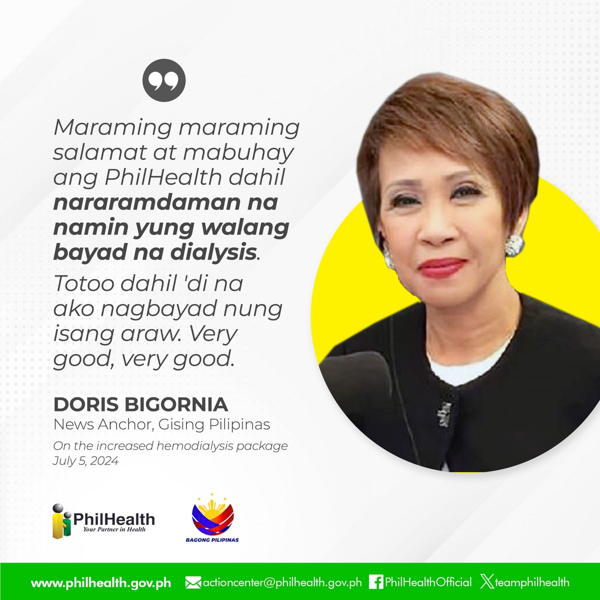 teamphilhealth's tweet image. Isang maganda balita mga ka-PhilHealth!

Mensahe ng pasasalamat mula sa ating member, ang "Mutya ng Masa," Ms. Doris Bigornia.

Ito ay testimonya kung paano nakatulong ang benepisyong PhilHealth sa kanyang hemodialysis.

#YourPartnerInHealth
#SagotkangPhilHealth