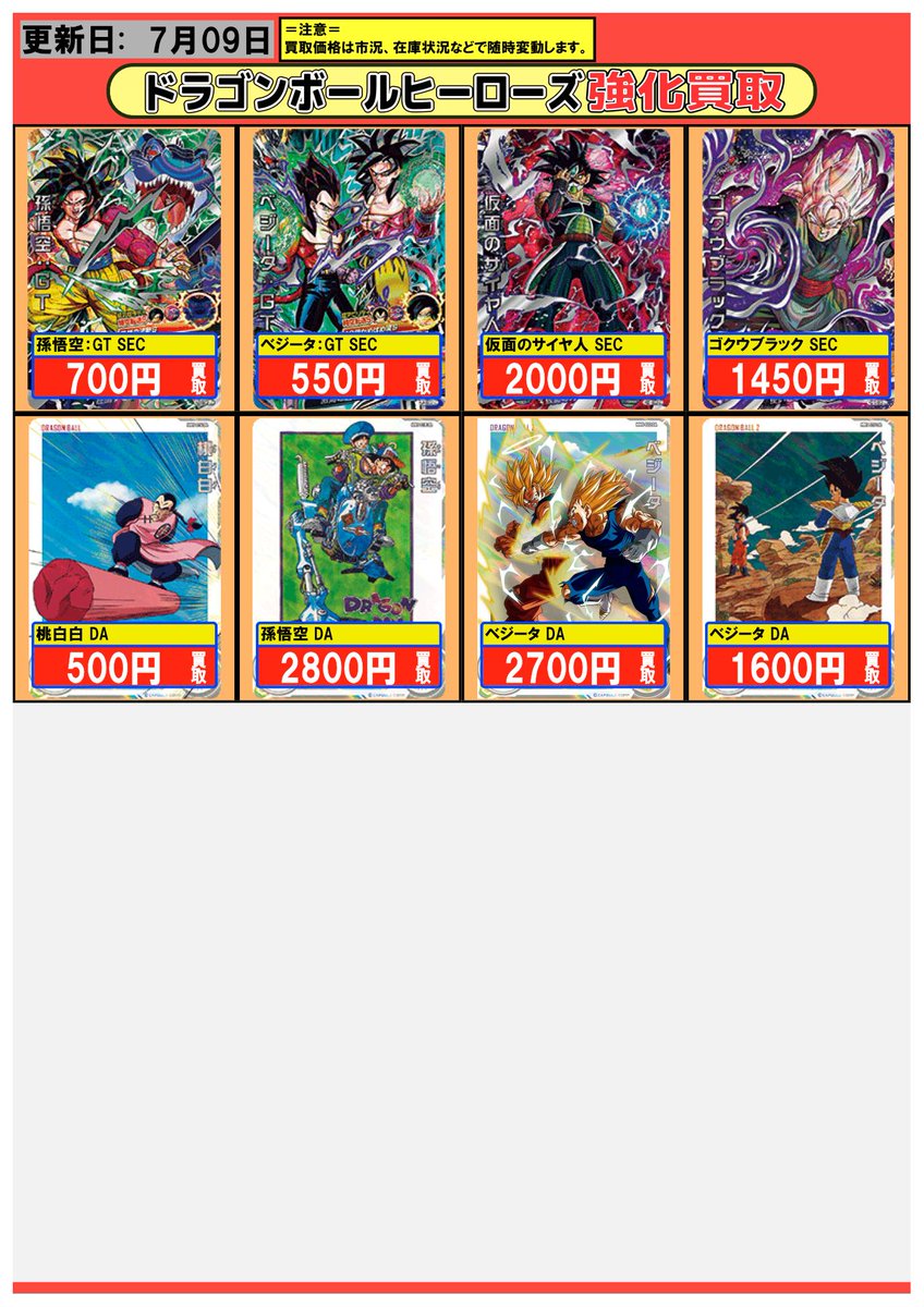 ドラゴンボールヒーローズ】買取情報 SDBH、現行MM5弾の買取表です