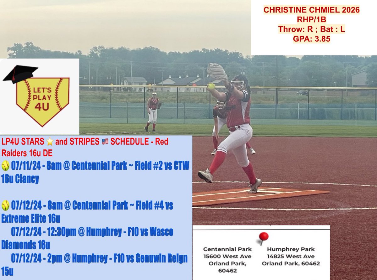 Christine Chmiel (@cchmiel2026) on Twitter photo My team @RedRaiders07DE is ready to compete this weekend @ LP4U Stars ⭐️ & Stripes 🇺🇸
Here is my schedule!!! ⬇️
<a href="/2Ganeff/">Kris Ganeff</a> <a href="/j_spitale/">Jamie Spitale</a> <a href="/IlliniSB/">Illinois Softball</a> <a href="/ButlerSoftball/">Butler Softball</a> <a href="/FlyerSoftball/">Dayton Softball</a> <a href="/IndianaSB/">Indiana Softball</a> <a href="/iowasoftball/">Iowa Softball</a> <a href="/BadgerSoftball/">Wisconsin Softball</a> <a href="/MiamiOH_SB/">Miami Softball</a>
#letsgetit My team @RedRaiders07DE is ready to compete this weekend @ LP4U Stars ⭐️ & Stripes 🇺🇸
Here is my schedule!!! ⬇️
<a href="/2Ganeff/">Kris Ganeff</a> <a href="/j_spitale/">Jamie Spitale</a> <a href="/IlliniSB/">Illinois Softball</a> <a href="/ButlerSoftball/">Butler Softball</a> <a href="/FlyerSoftball/">Dayton Softball</a> <a href="/IndianaSB/">Indiana Softball</a> <a href="/iowasoftball/">Iowa Softball</a> <a href="/BadgerSoftball/">Wisconsin Softball</a> <a href="/MiamiOH_SB/">Miami Softball</a>
#letsgetit