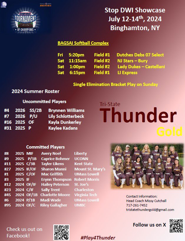 Tri-State Thunder Gold 18U (@tsthundergold) on Twitter photo Come out and watch our Thunder Gold team at the Stop DWI showcase in Binghamton. Check out our 4 uncommitted players. 2026 SS <a href="/BrynnenW2026/">Brynnen Williams</a> 2026 Pitcher <a href="/lily_schlotts/">Lily Schlotterbeck</a> 2025 Pitcher <a href="/kadans2025/">Kaylee Kadans</a> 2025 OF <a href="/Kayla_Dunkerley/">Kayla Dunkerley</a> Come out and watch our Thunder Gold team at the Stop DWI showcase in Binghamton. Check out our 4 uncommitted players. 2026 SS <a href="/BrynnenW2026/">Brynnen Williams</a> 2026 Pitcher <a href="/lily_schlotts/">Lily Schlotterbeck</a> 2025 Pitcher <a href="/kadans2025/">Kaylee Kadans</a> 2025 OF <a href="/Kayla_Dunkerley/">Kayla Dunkerley</a>