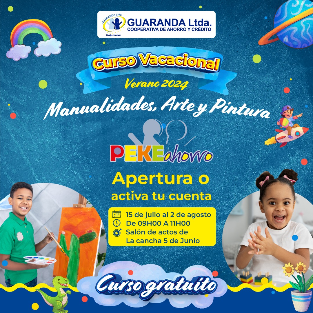 GuarandaLtda's tweet photo. 🤓 ¡Este Verano únete al Curso Vacacional de Colores #PekeAhorro #CURSO #GRATUITO de Manualidades, Arte y Pintura dirigido a niñ@s de 5 a 12 años.
✅ Inscripciones abiertas.
✅ Cupos limitados.
#Verano2024 #Manualidades #Arte #Pintura #Niños #CuposLimitados #diversióninfantil https://t.co/UmlefRuRvA