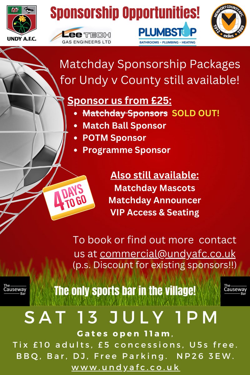 Undy AFC (@undyafc) on Twitter photo With just 4 days to go until our pre-season friendly at home to <a href="/NewportCounty/">Newport County AFC</a>, it's not too late to get involved in sponsorship opportunities. For more info, see the flyer below, or contact us by email on commercial@undyafc.co.uk. With just 4 days to go until our pre-season friendly at home to <a href="/NewportCounty/">Newport County AFC</a>, it's not too late to get involved in sponsorship opportunities. For more info, see the flyer below, or contact us by email on commercial@undyafc.co.uk.