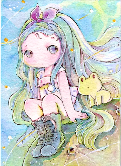 おはようございます  今日は冷えた部屋で1日過ごします  『月に乗って』  実はとても大きな女の子とかえるさん ↓