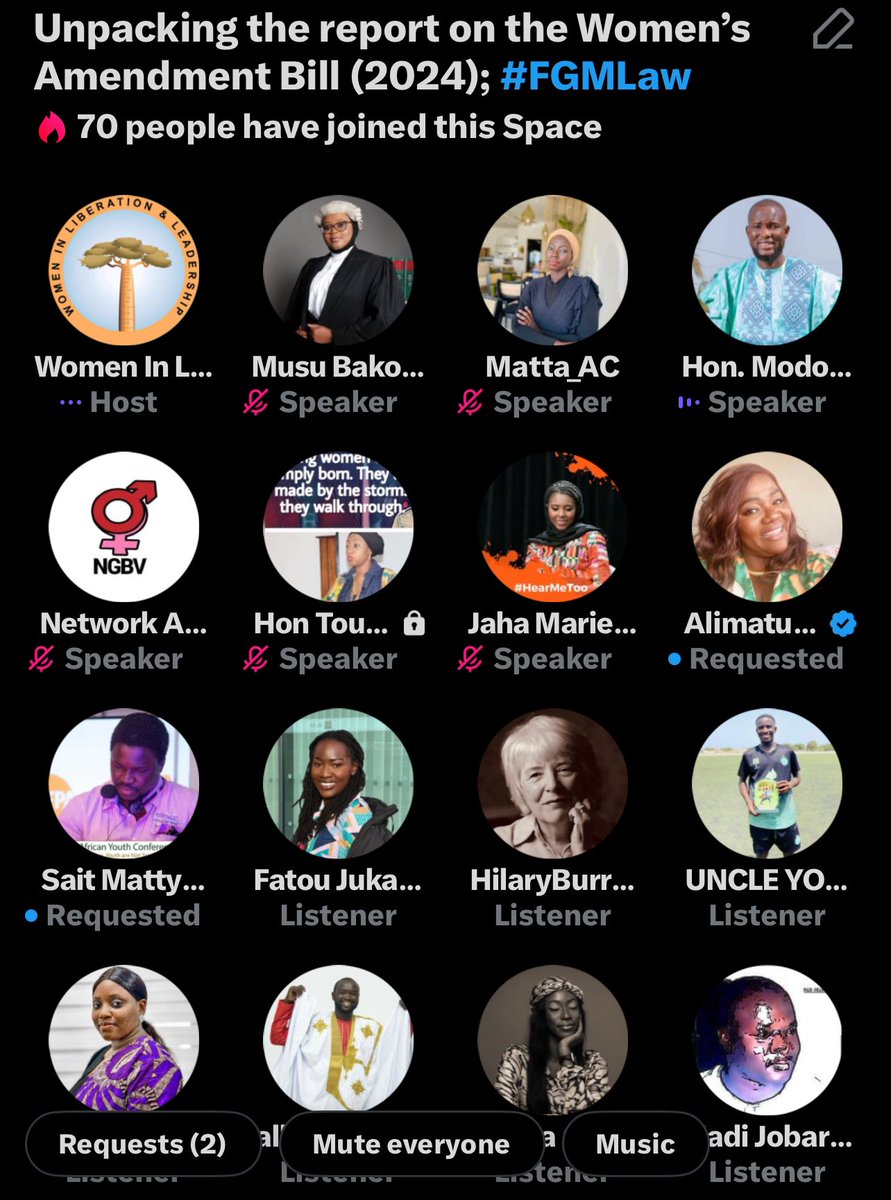 Thank you to everyone who joined the space today and to  our amazing speakers <a href="/AFatoumatta/">Matta_AC</a> <a href="/NgbvGambia/">Network Against GBV-The Gambia 🇬🇲</a>  <a href="/JobartehMadi/">Madi Jobarteh</a> <a href="/musubakoto/">Musu Bakoto Sawo</a> 

Special appreciation to all the listeners who also contributed to making the discussions rich and for the valuable recommendations moving forward!