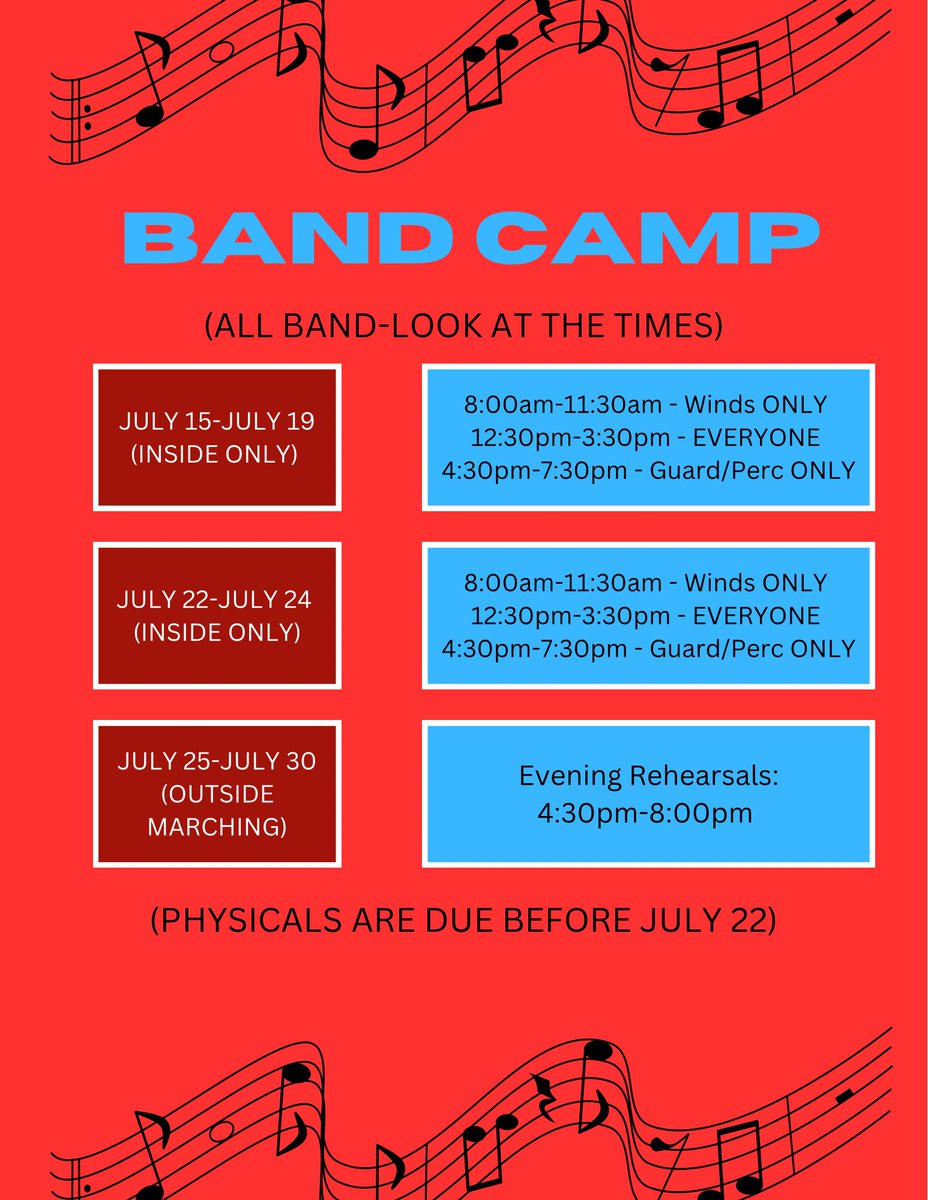 Reminder band members that band camp starts next week!📢 Don’t forget to bring instruments, music, and water. Lunch will be on your own. Be readyy, we are excited to have everyone back! 🎶

For more information or issues about anything please contact Ms.Saad!