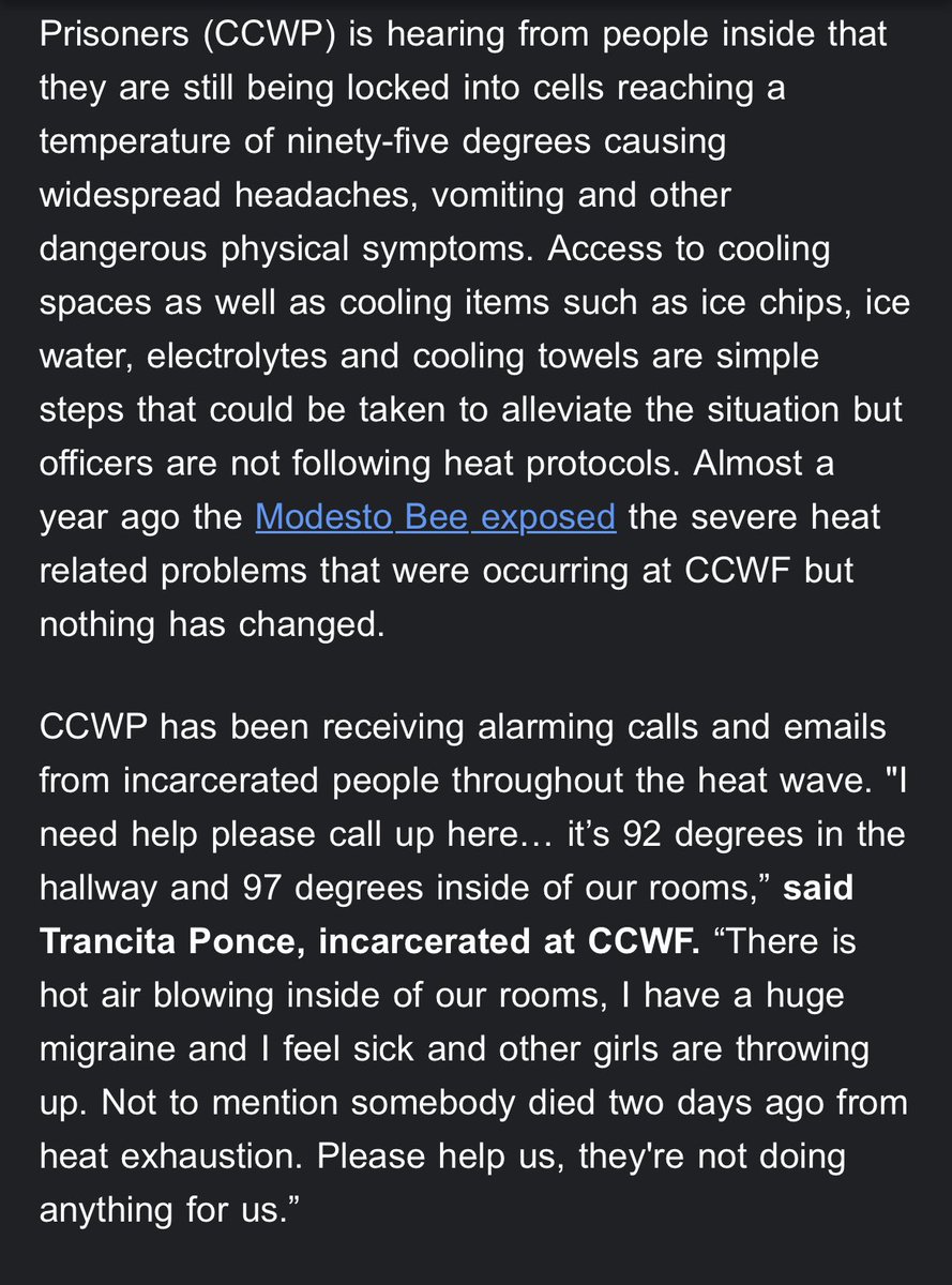 An incarcerated women died from heat stroke in a central Californian prison this weekend as local temperatures soared to over 113 degrees, according to a release from the California Coalition for Women Prisoners <a href="/c_c_w_p/">CCWP</a>.

 Women are reporting headaches, vomiting in their cells.