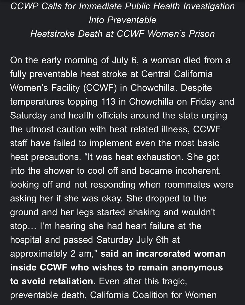 eedugdale's tweet photo. An incarcerated women died from heat stroke in a central Californian prison this weekend as local temperatures soared to over 113 degrees, according to a release from the California Coalition for Women Prisoners @c_c_w_p.

 Women are reporting headaches, vomiting in their cells. https://t.co/mi1RSaC1QP