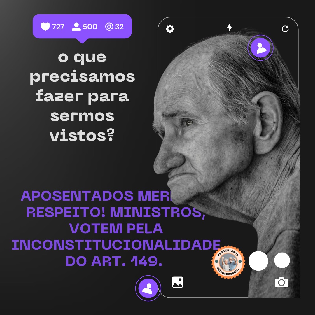 <a href="/Marcinhatinelli/">Marcinha Martinelli</a> <a href="/nunesmarquesk/">Kassio Nunes Marques</a> <a href="/MinAMendonca/">André Mendonça</a> <a href="/Cristianozaninm/">Cristiano Zanin Martins</a> <a href="/FlavioDino/">Flávio Dino 🇧🇷</a> Aposentados merecem dignidade na velhice! Srs. Ministros, analisem o art. 149 da EC103/19, inconstitucional, para uma velhice justa!
@nunesmarquesK
<a href="/MinAMendonca/">André Mendonça</a>
<a href="/Cristianozaninm/">Cristiano Zanin Martins</a>
<a href="/FlavioDino/">Flávio Dino 🇧🇷</a>
👇
Justiça Já
#AposentadoriaJusta