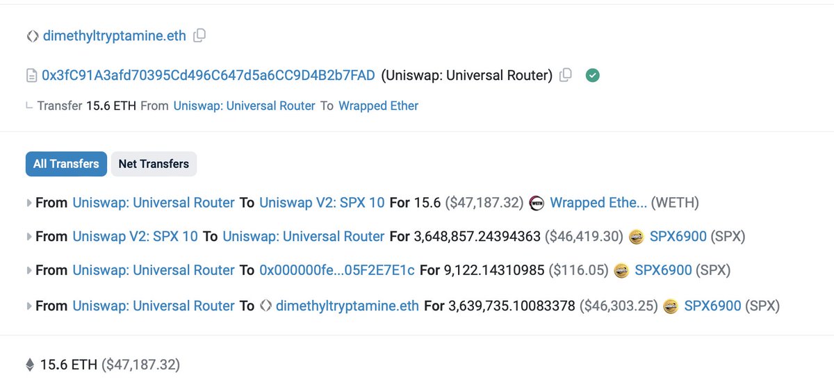 trademomentum1's tweet photo. DMT ( a $PEPE legend who turned $298 to over $27m with $PEPE) just aped 15.6E into $SPX
tx: 0xa904124a64f739bd1d768d03b38950563fe8b2e7d963dd99e6e0cb2996d9f3b1 https://t.co/Gt1mwipoMB