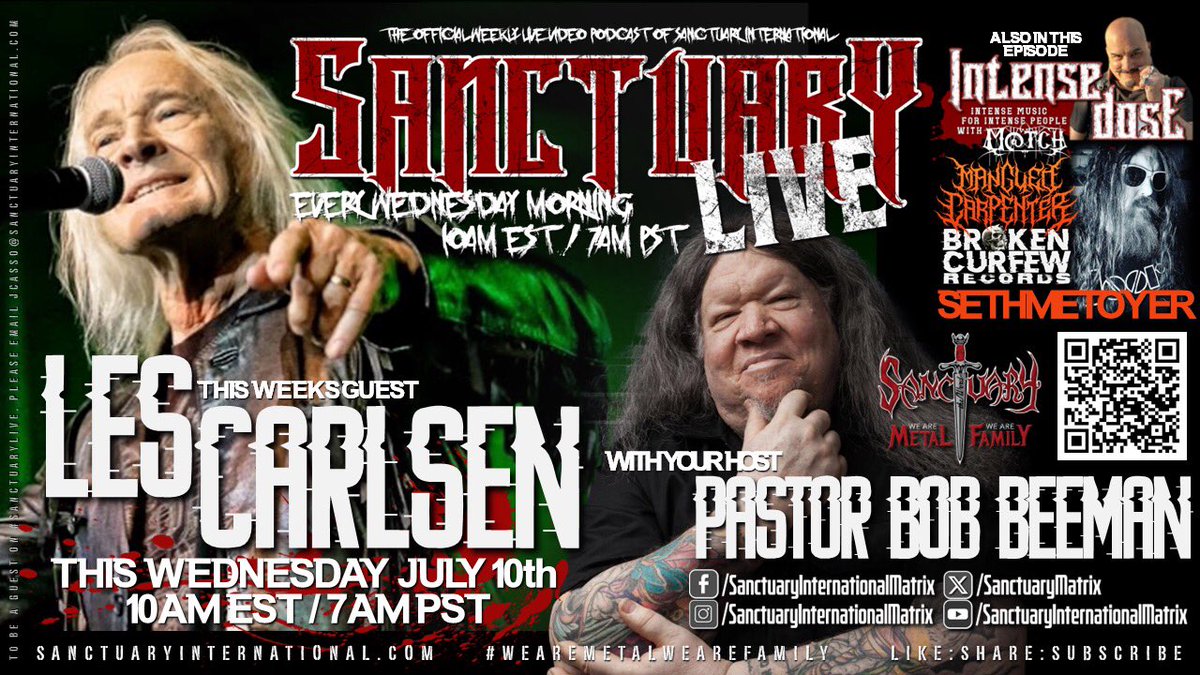 SanctuaryMatrix's tweet photo. Guys, we’ve got a doozy this week on this new episode of #SanctuaryLive As we welcome the legendary Les Carlsen! Also Matthew Match Ray returns with a new #IntenseDose segment￼ with his special guest SETH METOYER from Broken Curfew Records! This Wednesday morning 10am EST https://t.co/0vs3OmaA4P