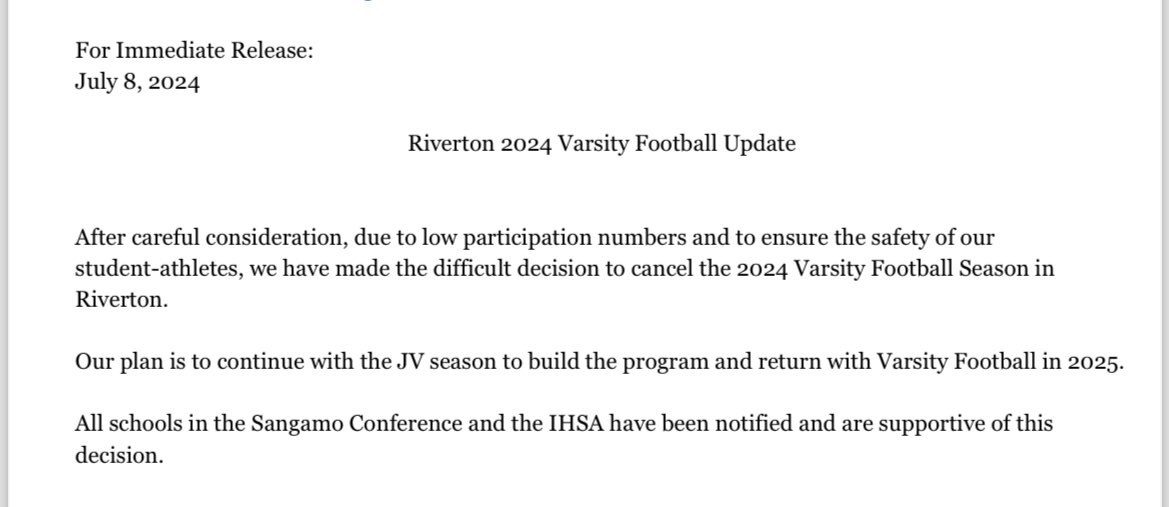 BREAKING- 

Riverton High School has announced they will not play varsity football in the fall of 2024. 

<a href="/Channel1450com/">Channel1450.com</a>