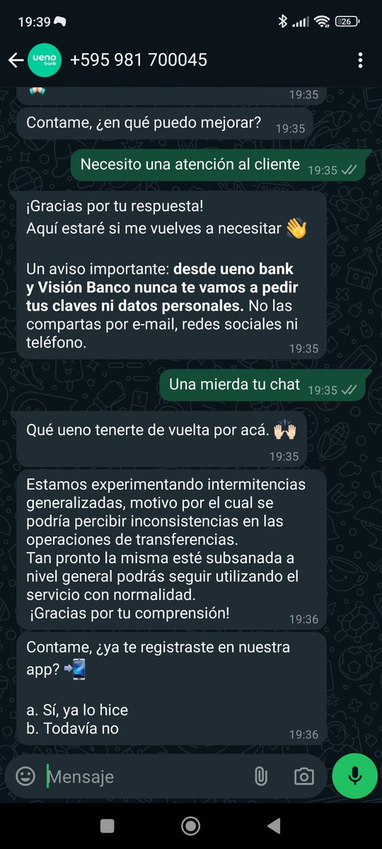 derlisallende's tweet photo. @uenopy  lamentable su bot de atención al cliente , necesito comunicarme con ustedes y la linea baja no funciona , lamentable lo de ustedes https://t.co/VZMhlYlTcx