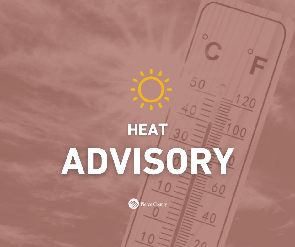 PierceCo's tweet photo. The National Weather Service has EXTENDED the Heat Advisory to 5 p.m., July 10 due to warm temperatures expected in urban areas.

Continue to stay hydrated and find cool/AC places. 

Cooling centers are open throughout the county. Locations are here: https://t.co/0xRIkRBG3M https://t.co/klAISPjJBI